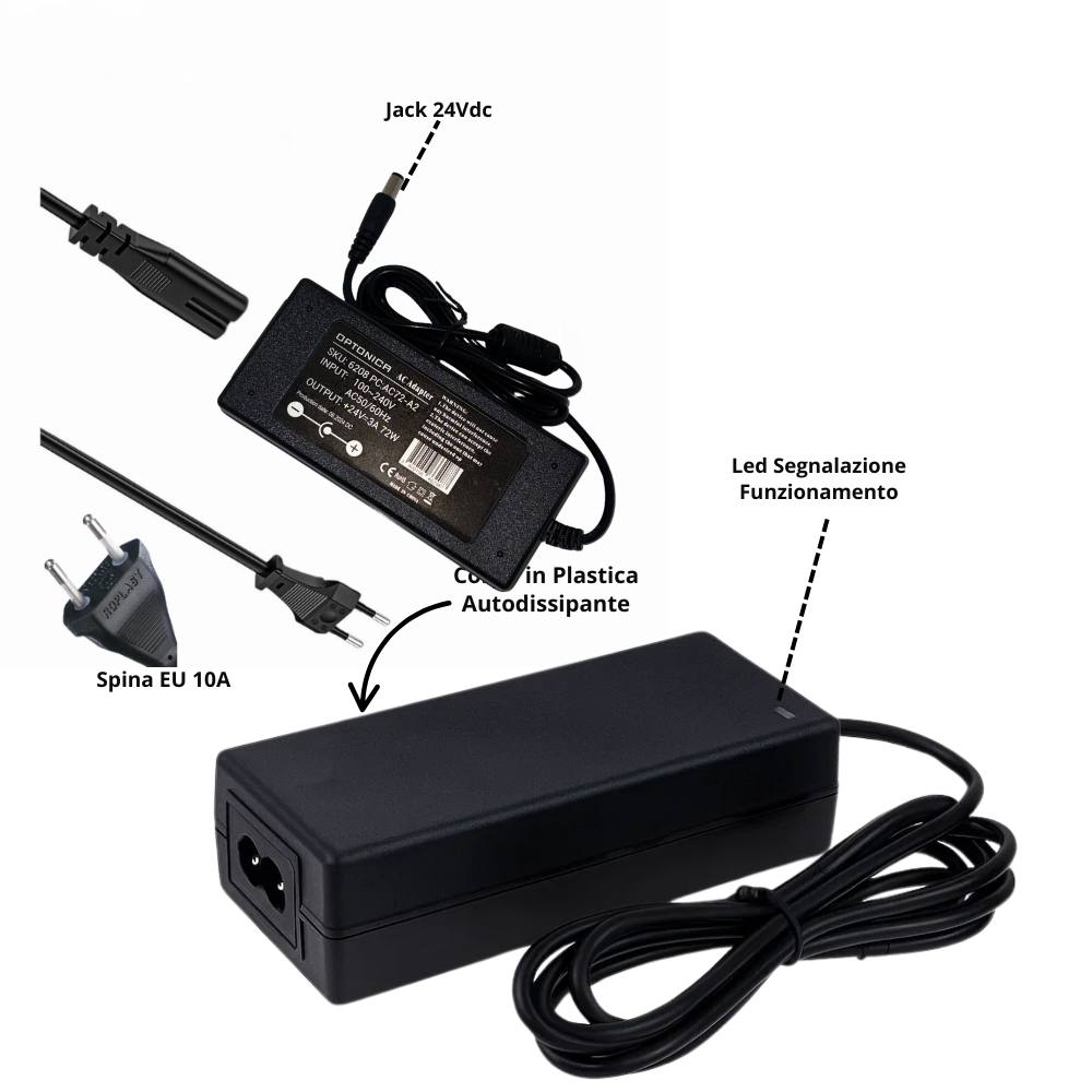Optonica alimentatore led 24v per interni nero 3 anni di garanzia inclusa *** potenza 72w, confezione 1