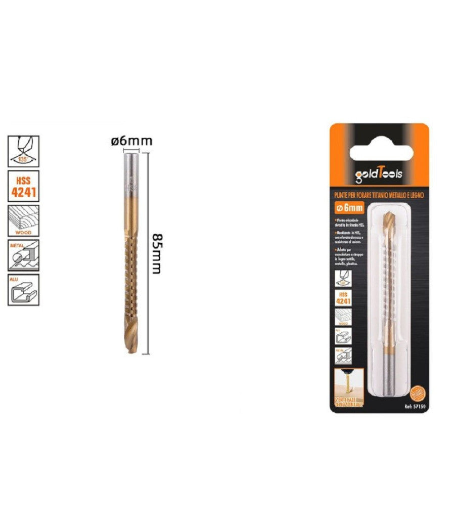 Punta Trapano Elicoidale à¸6mm X 85mm In Titanio Hss 4241 Per Metallo Legno 57150         