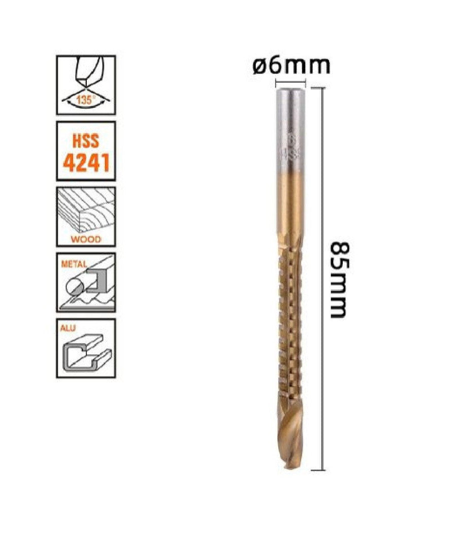 Punta Trapano Elicoidale à¸6mm X 85mm In Titanio Hss 4241 Per Metallo Legno 57150         