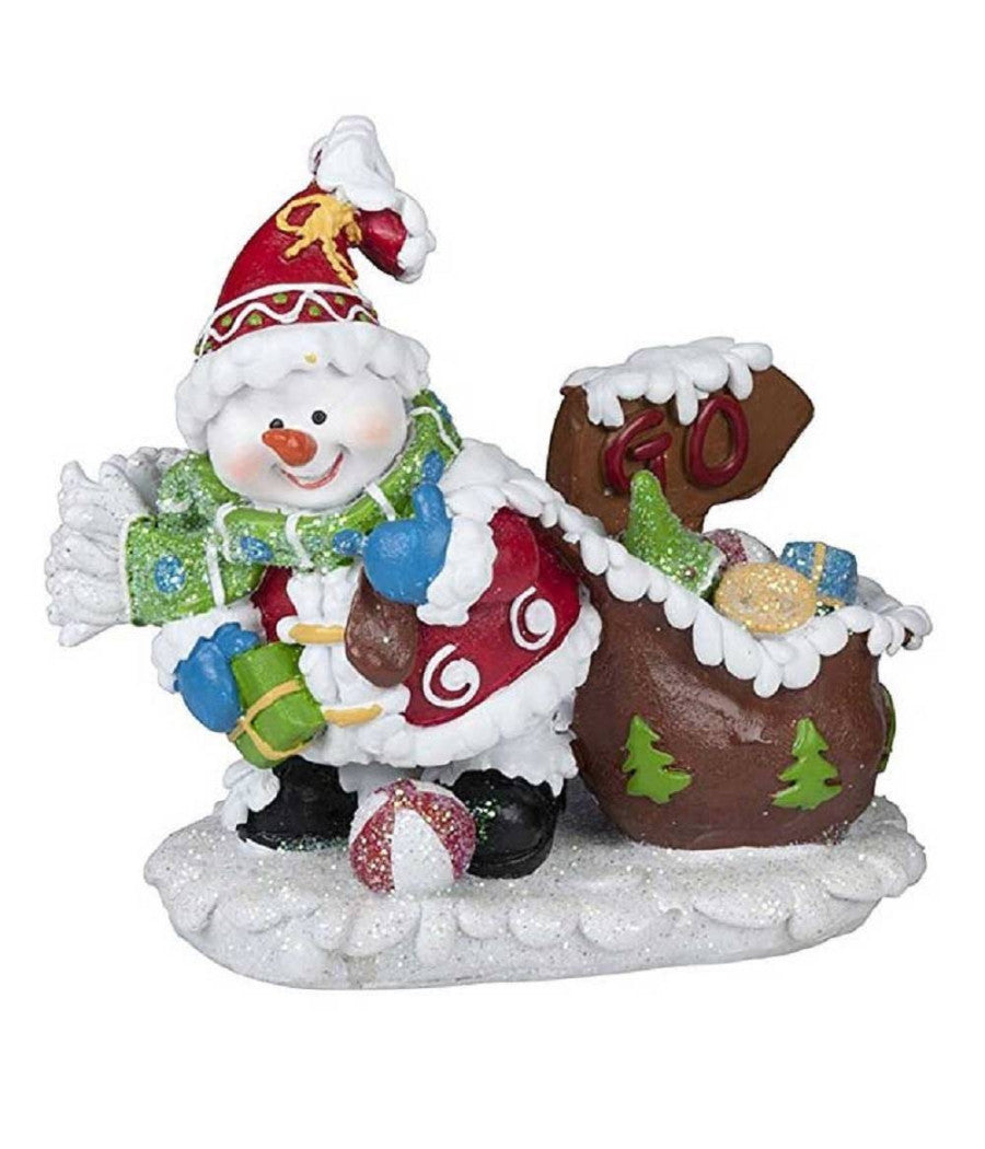 Pupazzo Di Neve Con Sacco Scena Natalizia 12cm In Poliresina Modello Casuale         