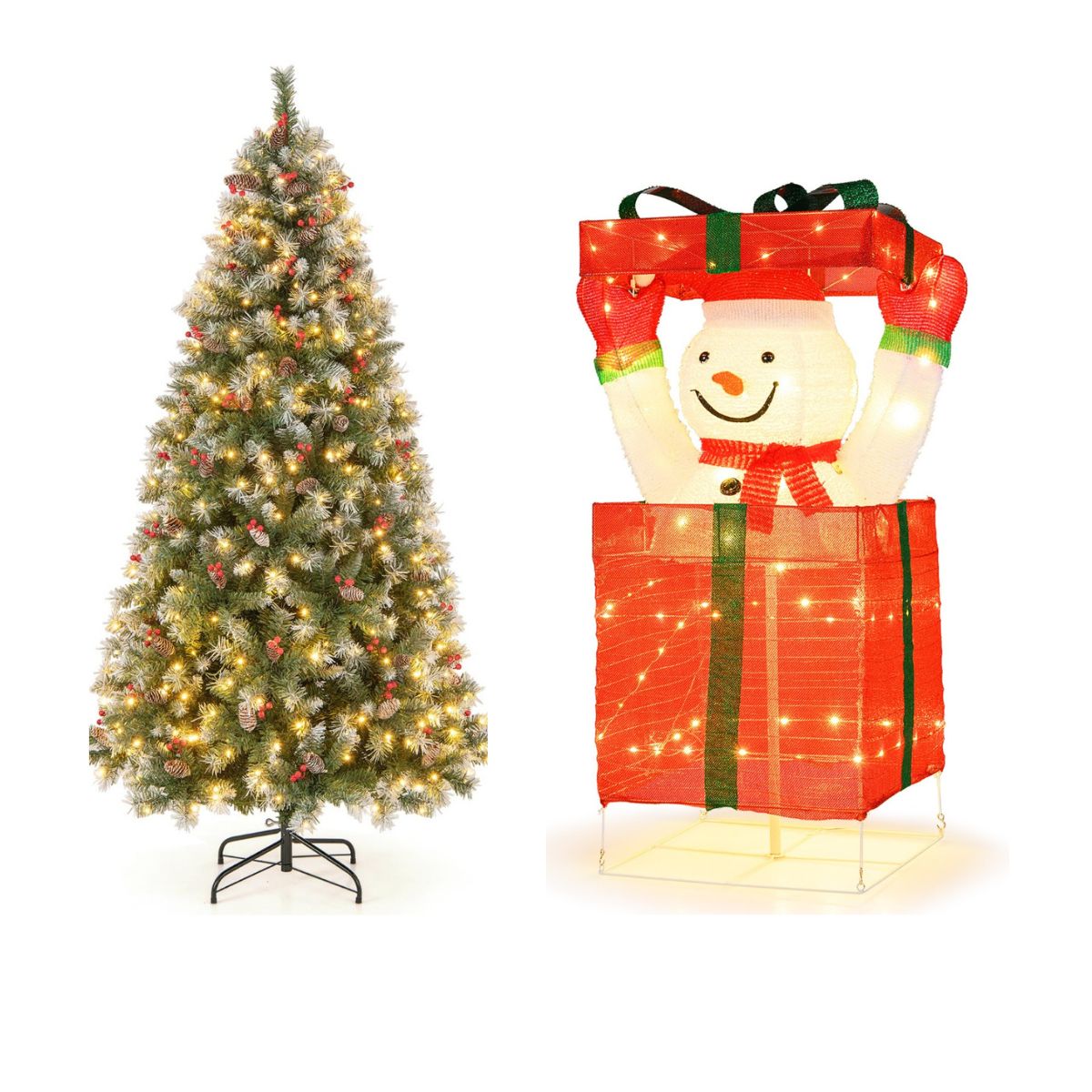 Albero di natale pre-illuminato e decorazione natalizia con pupazzo, Albero artificiale e pupazzo di neve illuminato-Natale