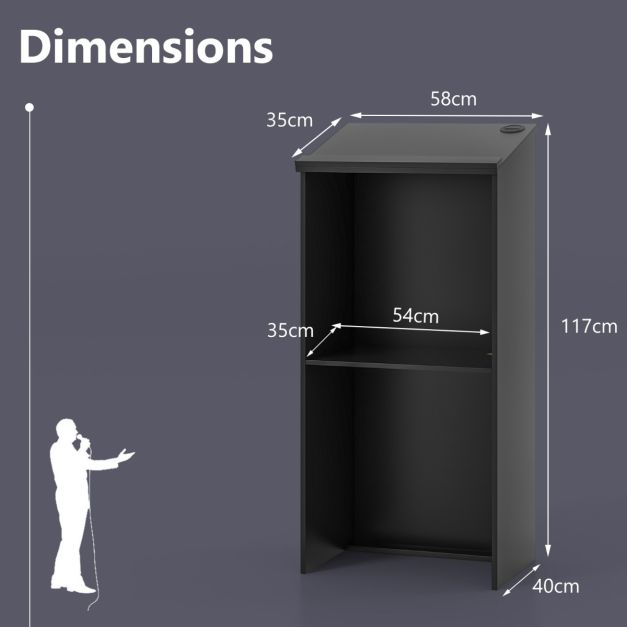 Leggio da podio da 46 pollici, supporto per hostess con ripiano e fori per cavi, leggio in legno per ristorante, ufficio, chiesa, nero 20_0005357
