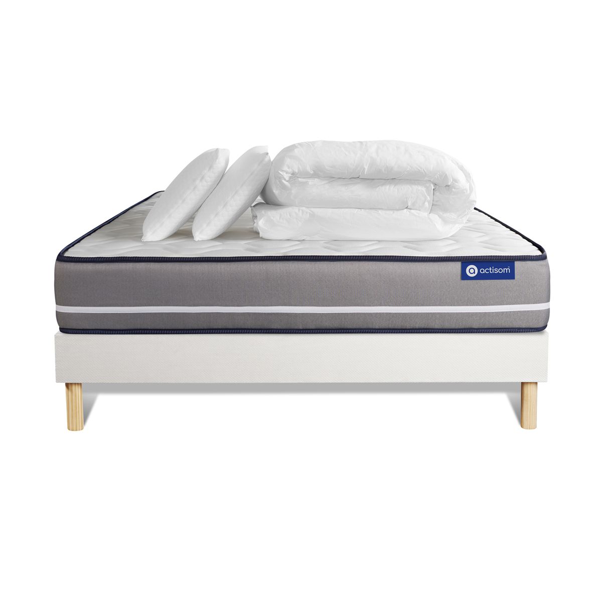 Pacchetto letto completo - Materasso 200x200cm + Box spring con doghe (kit) + 2 cuscini + Piumino - Actimemo Pur