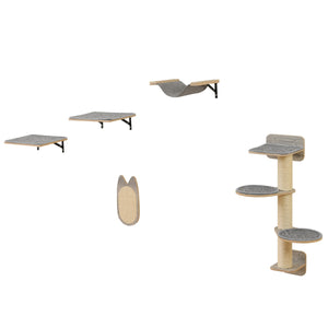 Set di torre per gatti a muro salvaspazio e centro attivit¨¤ per gatti e gattini, Mobili per gatti con 4 livelli Grigio-Alberi Tiragraffi