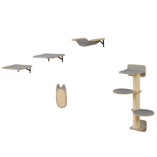 Set di torre per gatti a muro salvaspazio e centro attivit¨¤ per gatti e gattini, Mobili per gatti con 4 livelli Grigio-Alberi Tiragraffi