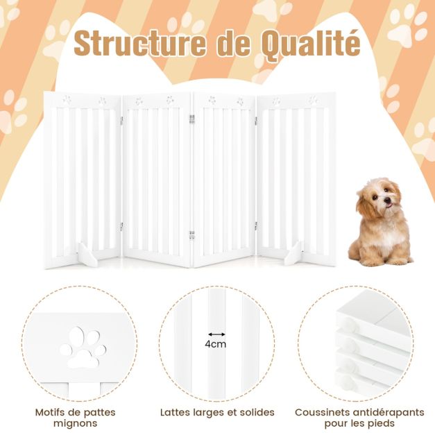 Cancello per Cani Autoportante 4 Pannelli in Legno Cerniere in Metallo 360° Senza Foratura per Scale di Casa Bianco 20_0007062