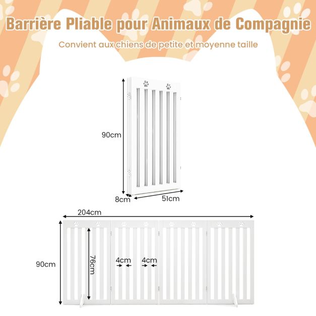 Cancello per Cani Autoportante 4 Pannelli in Legno Cerniere in Metallo 360° Senza Foratura per Scale di Casa Bianco 20_0007062