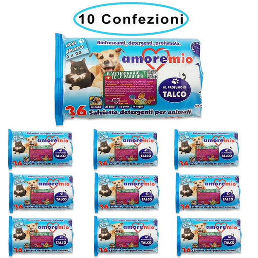 Amore mio salviette detergenti igieniche per cani gatti e cuccioli al talco 10 confezioni da 36 salviette