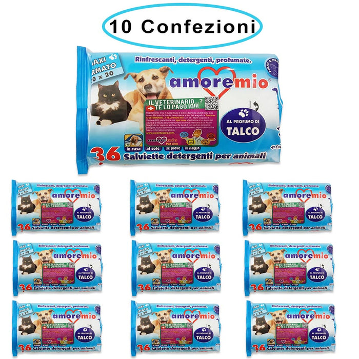 Amore mio salviette detergenti igieniche per cani gatti e cuccioli al talco 10 confezioni da 36 salviette
