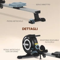 Vogatore Magnetico Pieghevole per Allenamento a Casa, Volano Regolabile su 8 Livelli e Monitor LCD, 185x58x57cm, Nero