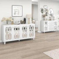 Credenza Specchiata con Maniglie a Cristallo,2 ante con ripiani mobili interni e 4 cassetti centrali,Bianco