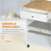 Carrello da Cucina Multiuso con 4 Ruote, in Legno Bianco, 67x48x86.5cm