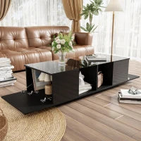 Tavolino da caffè con illuminazione LED, piano del tavolo lucido, ampio spazio di conservazione, 120x50x38,5 cm, Nero