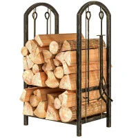 Portalegna per interni a 2 Livelli, con 4 Attrezzi per Camino e Ganci, 43x30x74 cm, Marrone