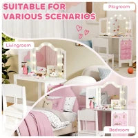 Set toeletta e sgabello per bambini, con luci LED bicolore, specchio triplo richiudibile, Bianco