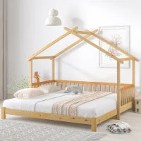Letto a Casetta Espandibile con Ringhiera su Tre Lati, Letto per Cameretta, Letto Montessori, Senza Materasso, in Legno, 200x90 cm, Naturale