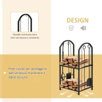 Portalegna a 2 Ripiani in Metallo con Paletta, Scopa, Attizzatoio e Pinza, 41.5x32.5x74.5 cm, Nero