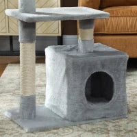Tiragraffi per Gatti con Casetta, 2 Piattaforme e Pallina, in Legno, Sisal e Peluche, 50x30x81.5 cm, Grigio