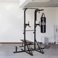 Power Tower con Panca e Sacco da Boxe di 20kg, Stazione Multiuso in Acciaio Nero per Allenamento Total Body