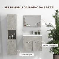 kleankin Set Mobili Bagno da 4 Pezzi con Lavabo da 60cm, Mobiletto, Colonna Bagno e Specchiera in Legno, Grigio