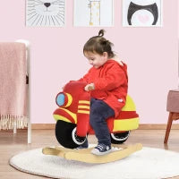 Cavallo a Dondolo per Bambini 18-36 Mesi a Forma di Moto, Cavallo per Bambini Cavalcabile in Legno e Peluche, Suoni Realistici, Max. 40kg, Rosso e Giallo