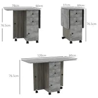 Tavolo Pieghevole con 2 Cassetti e Armadietto, 6 Rotelle e Freni, 120x60x76.5 cm, Grigio Legno e Roccia
