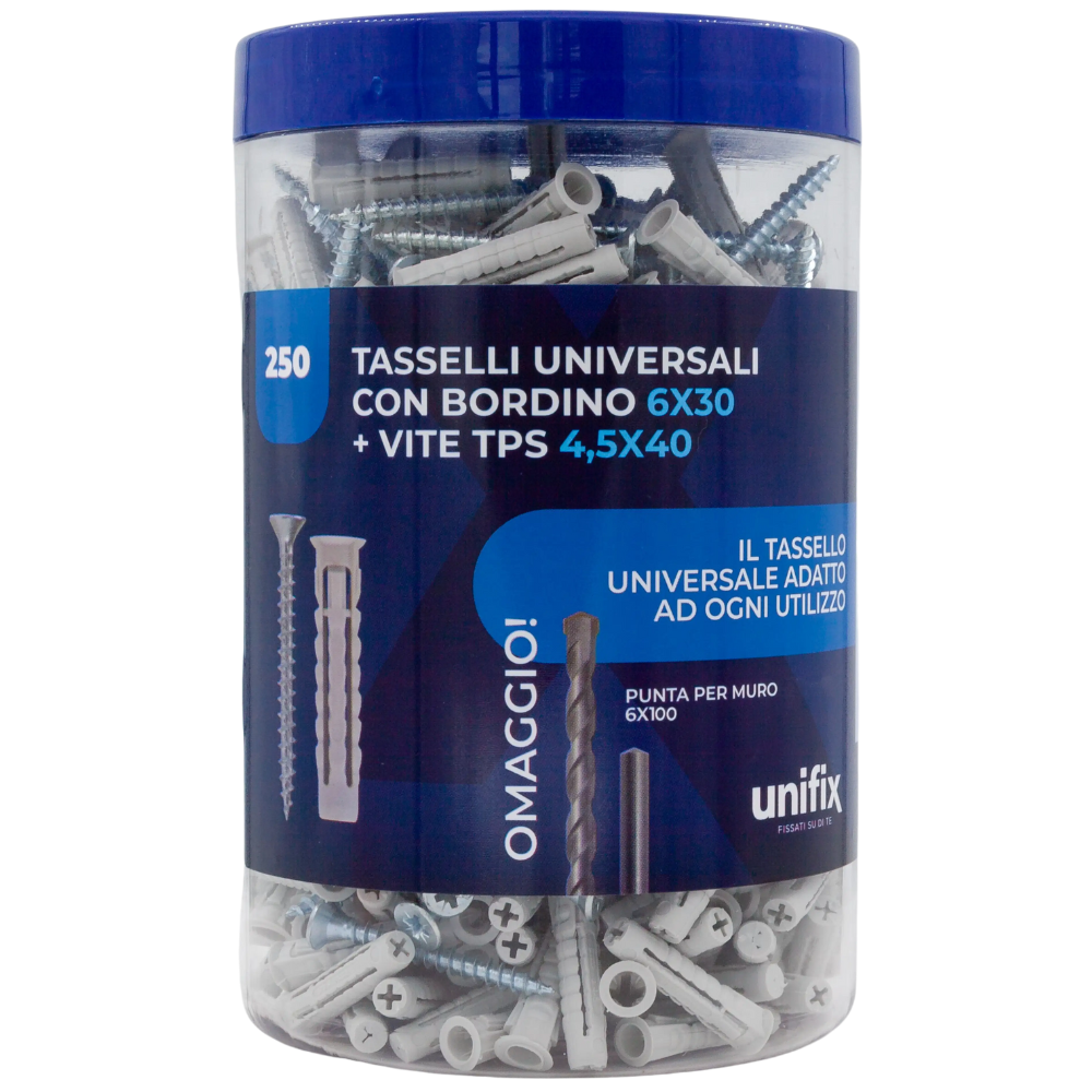 Tassello universale 8x40 con vite tps 5x50 e punta per muro 8x120 box 125 pezzi