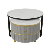 Tavolino 2-in-1 in MDF con Piano Lucido e Piano in Marmo Bianco, Combinazione Tavolino Soggiorno con 2 Cassetti, Grigio