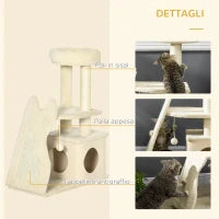 Albero Tiragraffi per Gatti con Tappetino e Pali in Sisal, Casetta Sfoderabile e Lettino, 60x30x83cm, Beige