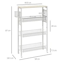 Carrello da Cucina a 3 Livelli con Cestino Laterale e Gancio, in Truciolato e Acciaio, 58x18.5x87 cm