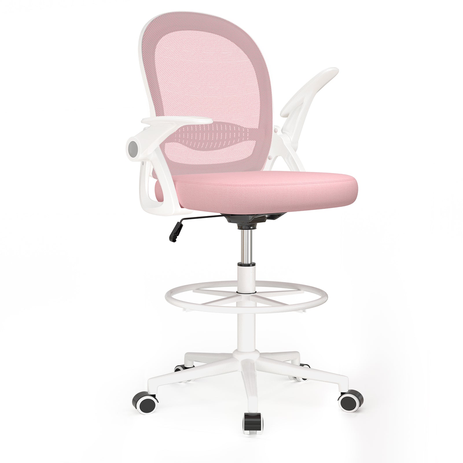 Sedia ufficio altezza alta - Mesh Drafting Chair - Altezza e Poggiapiedi Regolabili - braccioli regolabili - Capacità di Carico 120 kg - Rosa