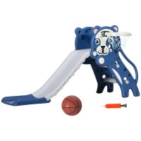 Scivolo per Bambini 18-36 Mesi con Canestro da Basket Laterale in PE, 133x60x70 cm, Blu e Grigio