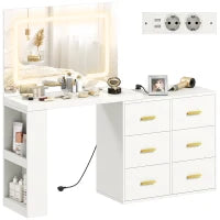 Tavolo da Trucco con specchio a LED regolabile, prese elettriche, 6 cassetti, 2 ripiani aperti, Bianco