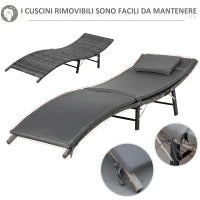 Lettini Prendisole Richiudibili con Cuscini Rimovibili e Tavolino Pieghevole, Set 3 Pz in Rattan, Grigio