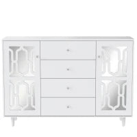 Credenza Specchiata con Maniglie a Cristallo,2 ante con ripiani mobili interni e 4 cassetti centrali,Bianco