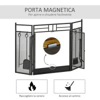 Parascintille Camino Moderno, Parafuoco Pieghevole con 2 Porte in Metallo Nero, 122x1.6x80cm