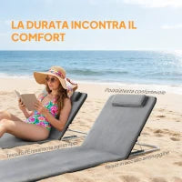 Set 2 Sdraio da Spiaggia con Schienale Regolabile su 5 Livelli, Poggiatesta e Borsa da Viaggio, Lettini Spiaggia Pieghevoli in Acciaio e PE, 134x48x33-43 cm, Grigio