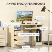Scrivania da PC per Ufficio con Scaffali, Cassetti e Ripiano Testiera in Legno, 125x60x74cm