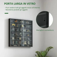 Bacheca Portaoggetti a 6 Ripiani Regolabili in Legno con Ante in Vetro, 80x9.5x83 cm, Nero