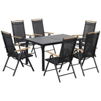 Set da Giardino Esterno per 6 Persone, Telaio in Alluminio, 6 Sedie Pieghevoli e Reclinabili, 140x90x74cm, Nero