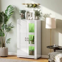 Credenza con LED RGB 16 colori e telecomando, alta lucidità, porte in vetro, ripiani in vetro, 71x35x126cm, bianco