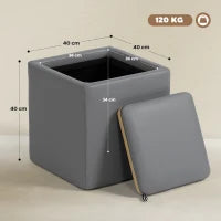 Pouf Contenitore con Coperchio in Ecopelle, 40 x 40 x 40 cm, Grigio
