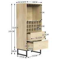 Cantinetta con 18 scomparti, cassetti, portabicchieri, 60x39,5x141 cm, Legno naturale