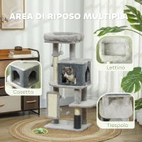 Albero per Gatti Multilivello Alto 104 cm con Casetta, Lettino, Pali Tiragraffi, Spazzola e Pallina, Grigio
