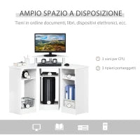 Scrivania Angolare con 3 Sezioni, Scrivania per Camera o Ufficio, Scrivania PC in Legno con Ripiano Monitor, Bianco