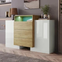 Credenza Moderna con 2 Ante, 2 Ripiani e 3 Cassetti, con Illuminazione a LED, 140x30x77.5 cm, Bianco e Color Legno Naturale