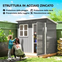 Casetta da Giardino in Acciaio con Porta con Blocco, Finestra e Prese d'Aria, 2.2 x 1.3 m, Grigio