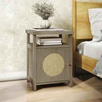 Comodino con Scaffale Aperto e Vano con Anta in Rattan, 40x35x55 cm, Legno Naturale