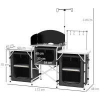 Cucina da Campeggio Pieghevole a 3 Piani con 5 Ripiani Interni e 4 Ganci, 172x48x119 cm, Nero