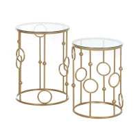 Set 2 Pezzi Tavolini da Caffè Design Elegante con Motivi a Cerchio, Metallo e Vetro Temperato Φ41x57cm & Φ36x51cm, Oro
